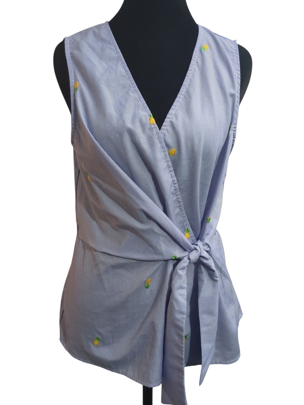 Lily White Blue Pinstripe Pineapple Embroidered Wrap Top Sleeveless Tie Waist
